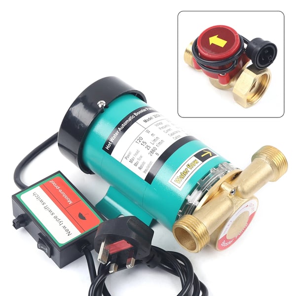 Trykforøgerpumpe - Automatisk cirkulationspumpe - 120W - 230V 50Hz - Løftehøjde 15 m - 25 l/min - Flowkontakt i messing - Grøn