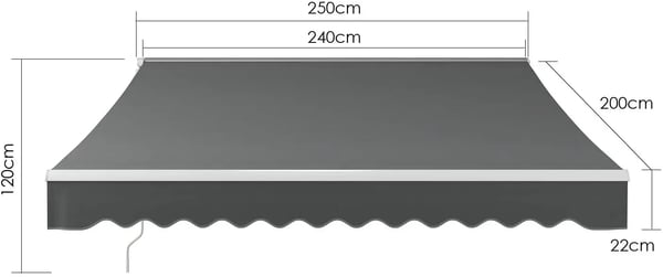 Terassimarkiisi - Nivelvarsimarkiisi - Koko 250 x 200 cm - Käsikäyttö - Alumiinirunko - Polyesteri, PU-pinnoite - UV50+ suojaus - Tummanharmaa