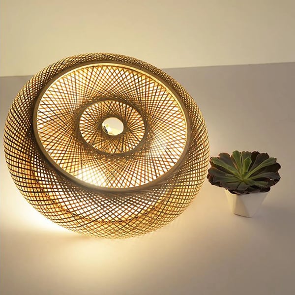 Vintage rattanlampe i naturbambus, pendel E27, håndflettet, gul