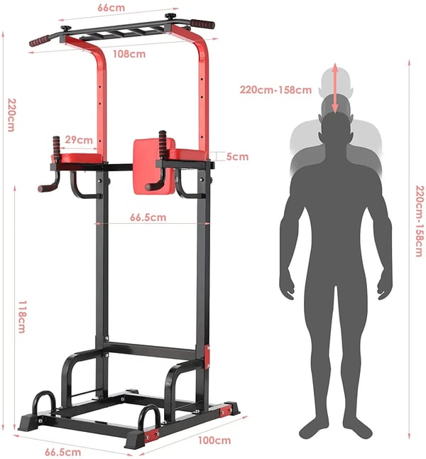 Power Tower - Pull-up og dip station - Fritstående - 200 kg kapacitet - Højkulstofstål - Hjemmetræning