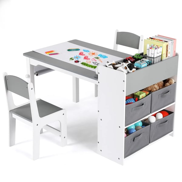 Lasten piirustus- ja askartelupöytä 2 tuolia - Suorakulmainen pöytä - Säilytyshyllyt - Kankaiset laatikot - Paperirulla - 103×56×64 cm - Puu