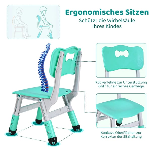 Børnebord og 2 stole - Højdejusterbart sæt - 60x60 cm - Firkantet - HDPE/PVC - 3 dele - Turkis