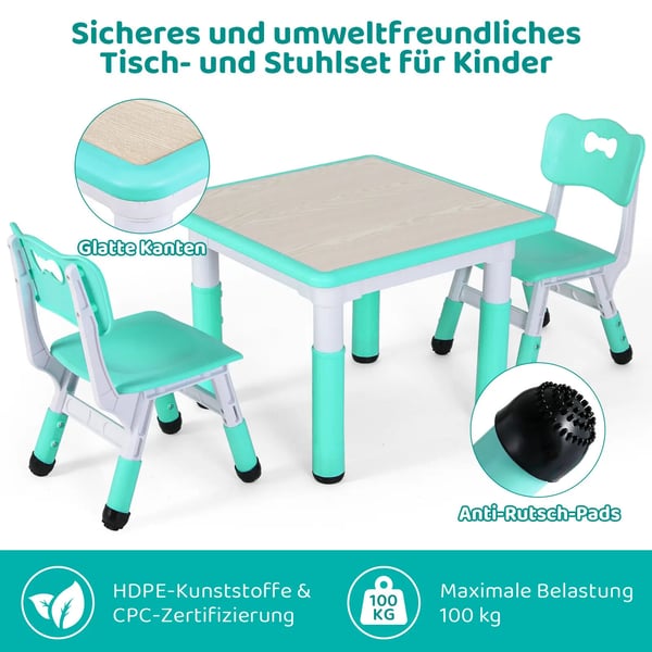 Børnebord og 2 stole - Højdejusterbart sæt - 60x60 cm - Firkantet - HDPE/PVC - 3 dele - Turkis