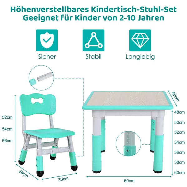 Børnebord og 2 stole - Højdejusterbart sæt - 60x60 cm - Firkantet - HDPE/PVC - 3 dele - Turkis