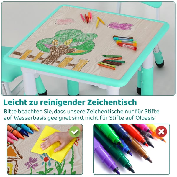 Børnebord og 2 stole - Højdejusterbart sæt - 60x60 cm - Firkantet - HDPE/PVC - 3 dele - Turkis