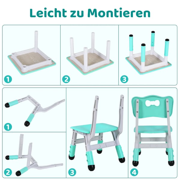 Børnebord og 2 stole - Højdejusterbart sæt - 60x60 cm - Firkantet - HDPE/PVC - 3 dele - Turkis