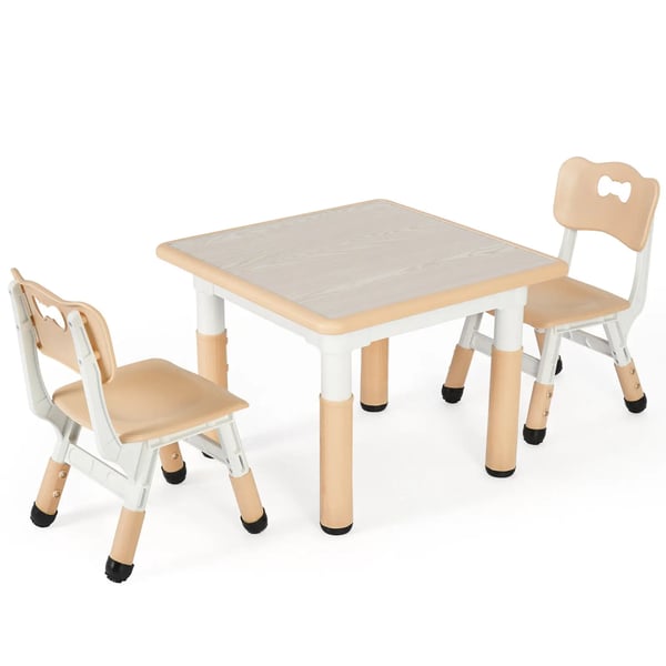 Barnbord och 2 stolar - Möbelset - Höjdjusterbart - 60x60 cm - Kvadratisk - HDPE & PVC - Ålder 3–8 år - Beige