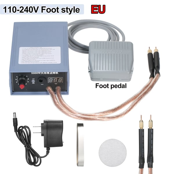 Punktsvejser - Håndholdt maskine - 5000 W - 0–800 A justerbar - Fodpedal - Til 18650-batteri - Bærbar - EU-stik - Rustrød