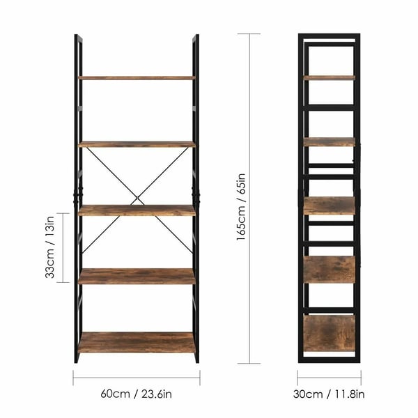 Bogreol - Stigehylde 5 hylder industriel - Jernramme - Træfinerhylder - Samling kræves - 60×30×165 cm