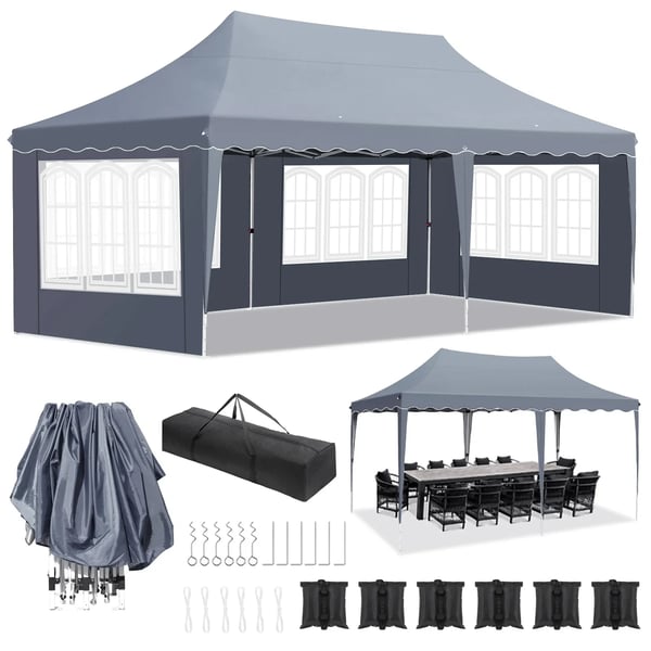Pop up -paviljonki 3 x 6 m - Juhlateltta - Vedenpitävä - HDPE, PU-pinnoite - Alumiiniseosrunko - Neljä sivuseinää - Tummanharmaa