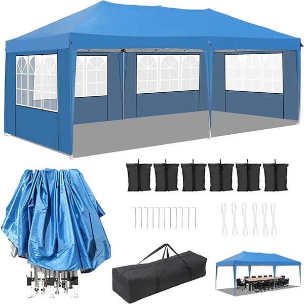 Juhlateltta Paviljonki 3x6 m - Pop Up Gazebo - Vedenpitävä - HDPE ja PU-pinnoite - Alumiinirunko - Neljä sivuseinää - Sininen