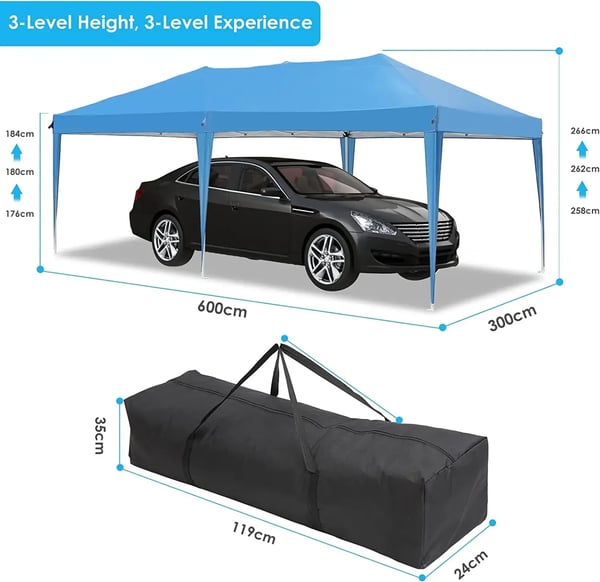 Juhlateltta Paviljonki 3x6 m - Pop Up Gazebo - Vedenpitävä - HDPE ja PU-pinnoite - Alumiinirunko - Neljä sivuseinää - Sininen