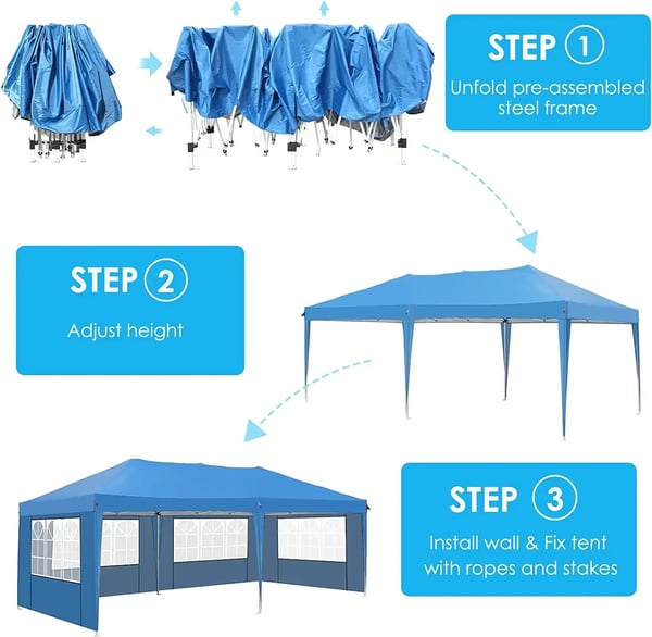 Juhlateltta Paviljonki 3x6 m - Pop Up Gazebo - Vedenpitävä - HDPE ja PU-pinnoite - Alumiinirunko - Neljä sivuseinää - Sininen
