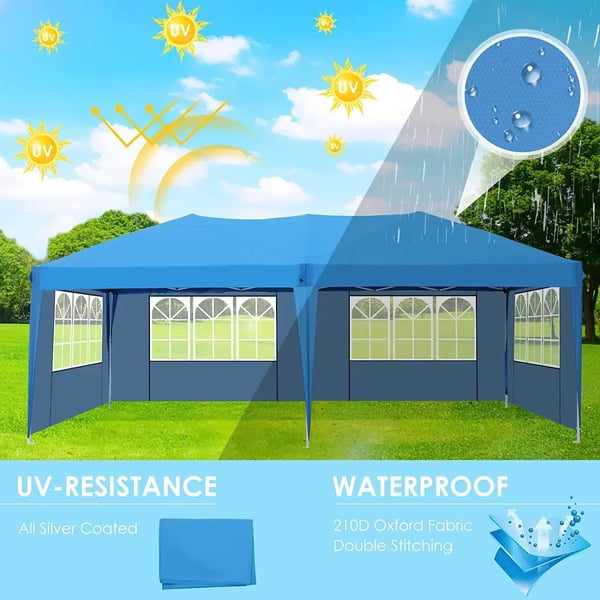 Juhlateltta Paviljonki 3x6 m - Pop Up Gazebo - Vedenpitävä - HDPE ja PU-pinnoite - Alumiinirunko - Neljä sivuseinää - Sininen