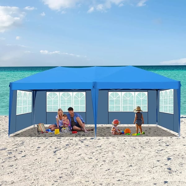 Juhlateltta Paviljonki 3x6 m - Pop Up Gazebo - Vedenpitävä - HDPE ja PU-pinnoite - Alumiinirunko - Neljä sivuseinää - Sininen
