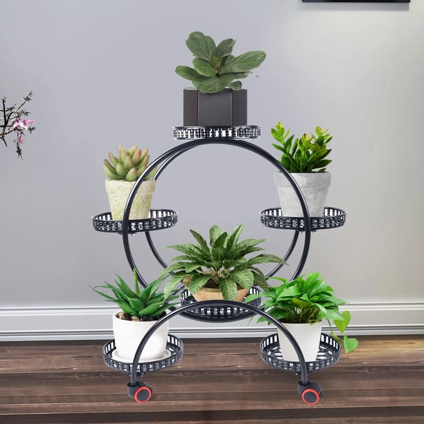 Planteholder i metal, hjørnestativ til 6 potter, til have/altan/stue, sort