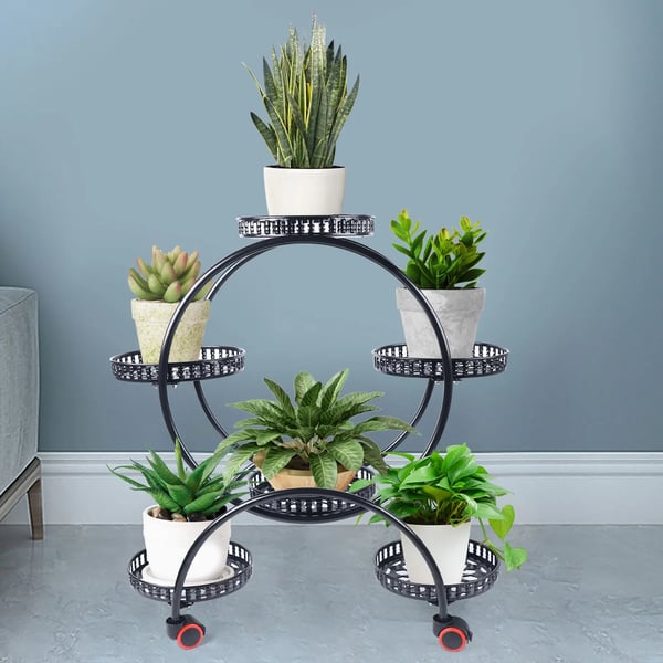 Planteholder i metal, hjørnestativ til 6 potter, til have/altan/stue, sort