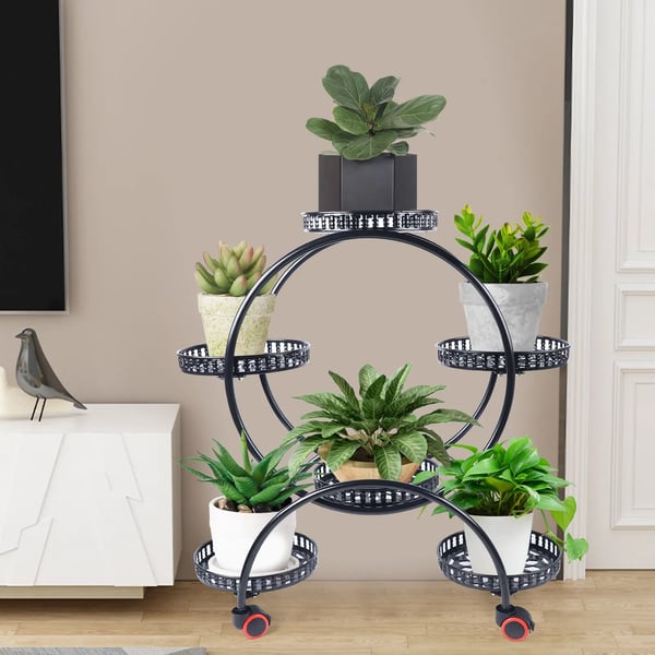 Planteholder i metal, hjørnestativ til 6 potter, til have/altan/stue, sort