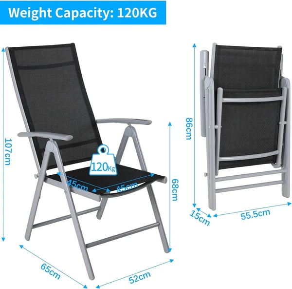 Puutarhatuolit - Taitettavat Alumiinituolit - 2 kpl - Säädettävä Korkea Selkänoja - Kevyt - Käsinojat - Max 120 kg - 65×52×107 cm - Musta