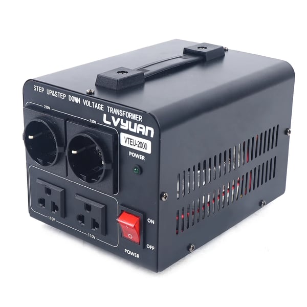 Jännitemuunnin - Ylös/alas-muuntaja 2000 W - 110V↔220V AC - 50/60 Hz - Virtajohto 1,5 m - 20×15×14 cm - Paino 4,5 kg - Musta