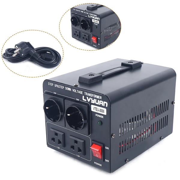 Spændingsomformer - Op-/nedtransformator 2000 W - 110V↔220V AC - 50/60 Hz - Netledning 1,5 m - 20×15×14 cm - Vægt 4,5 kg - Sort