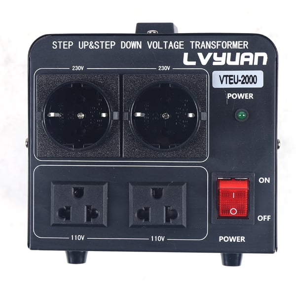 Spændingsomformer - Op-/nedtransformator 2000 W - 110V↔220V AC - 50/60 Hz - Netledning 1,5 m - 20×15×14 cm - Vægt 4,5 kg - Sort