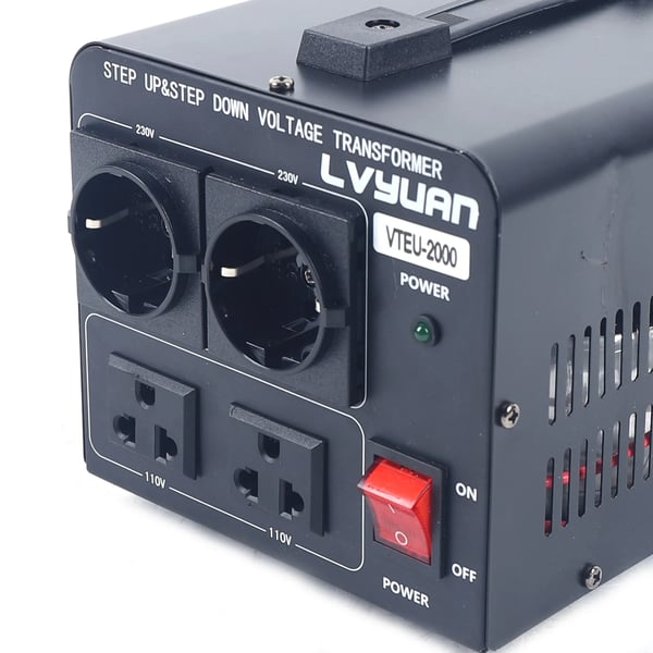 Spændingsomformer - Op-/nedtransformator 2000 W - 110V↔220V AC - 50/60 Hz - Netledning 1,5 m - 20×15×14 cm - Vægt 4,5 kg - Sort