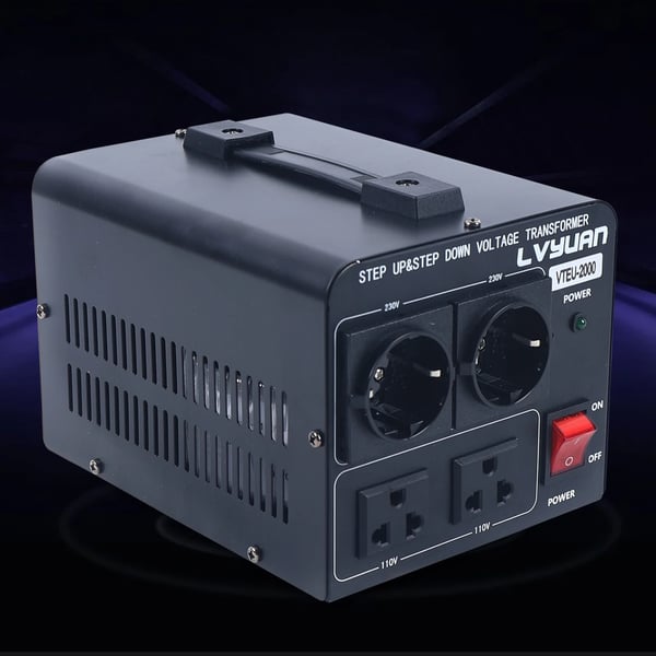 Spændingsomformer - Op-/nedtransformator 2000 W - 110V↔220V AC - 50/60 Hz - Netledning 1,5 m - 20×15×14 cm - Vægt 4,5 kg - Sort