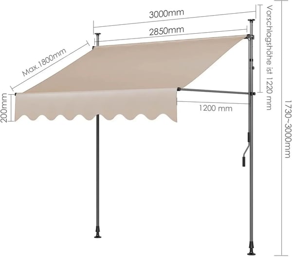 Markise - Udtrækkelig altanmarkise - 300 x 120 cm - UV50+ - Manuel håndsving - Klemmontering uden boring - Aluramme - PU-belagt polyester - Khaki