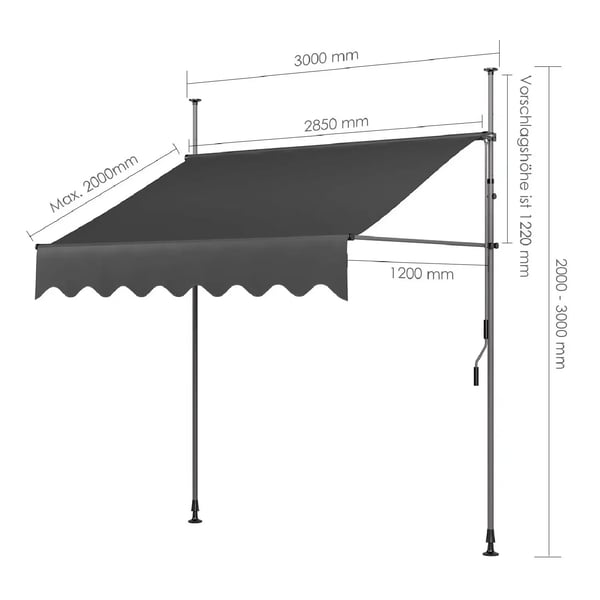 Markis för balkong & terrass - Utdragbar klämmarkis - 300 x 120 cm - UV50+ - Handvev utan borrning - PU-belagd polyester - Aluminiumram - Grå