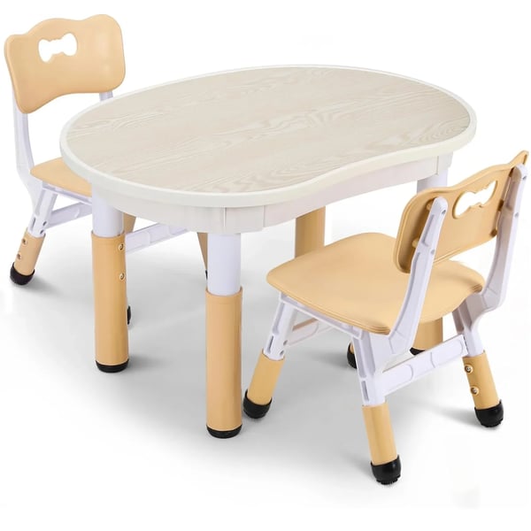 Barnbord & 2 stolar, höjdjusterbart ritbord, plast, för förskola/hem, khaki