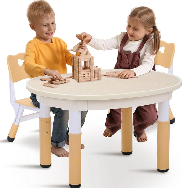 Børnebord & 2 stole, højdejusterbart tegnebord, plast, til daginstitution/hjem, khaki