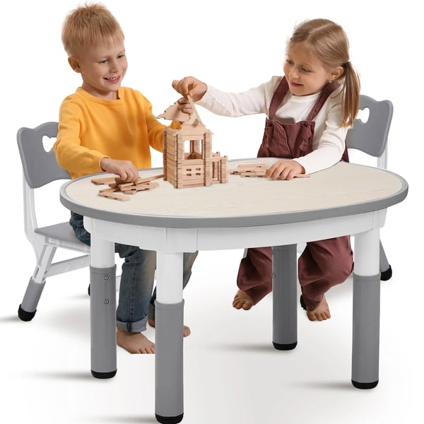 Barnbord & 2 stolar, höjdjusterbart ritbord-set, plast, för förskola/hem, ljusgrå