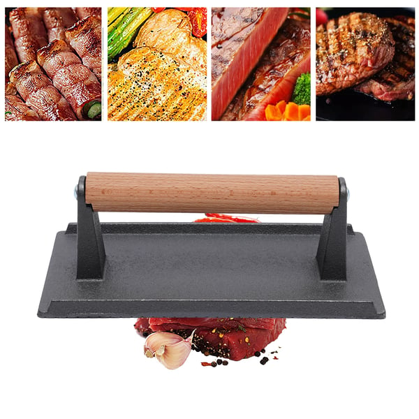 Støbejerns grillpresse, stege-/bacon- og burgerpresse, træhåndtag, tung professionel kvalitet, sort