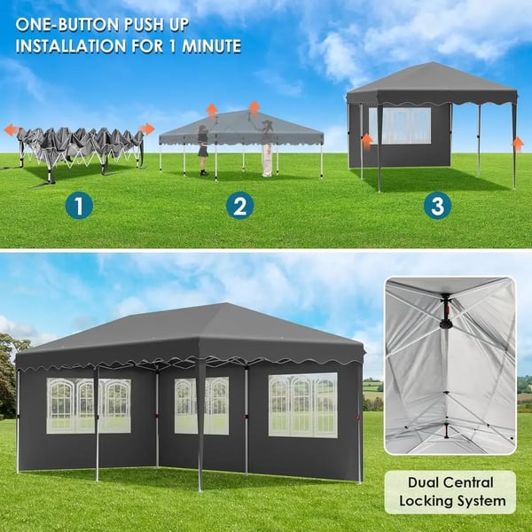 Puutarhapaviljonki - Pop-up 3x6 m - Juhlateltta - One-Push Nopea Pystytys - Vedenpitävä PU-HDPE - Alumiinirunko - Neljä Sivuseinää - Tummanharmaa