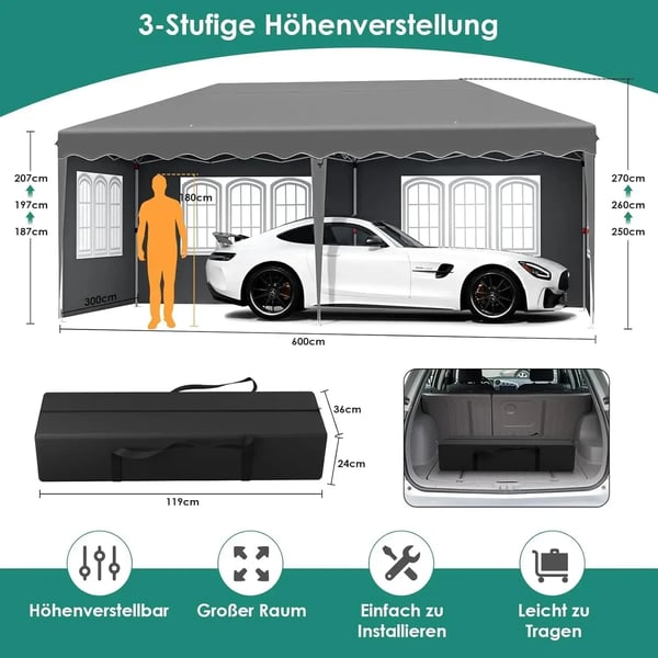 Puutarhapaviljonki - Pop-up 3x6 m - Juhlateltta - One-Push Nopea Pystytys - Vedenpitävä PU-HDPE - Alumiinirunko - Neljä Sivuseinää - Tummanharmaa