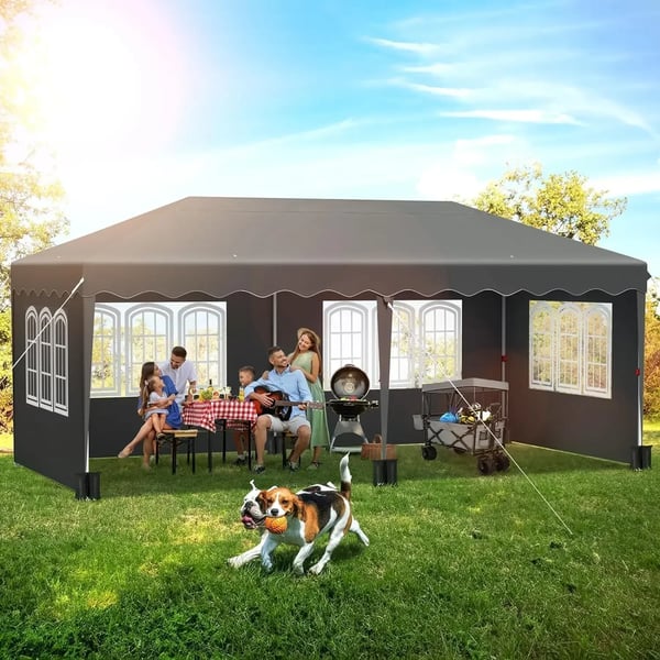 Puutarhapaviljonki - Pop-up 3x6 m - Juhlateltta - One-Push Nopea Pystytys - Vedenpitävä PU-HDPE - Alumiinirunko - Neljä Sivuseinää - Tummanharmaa