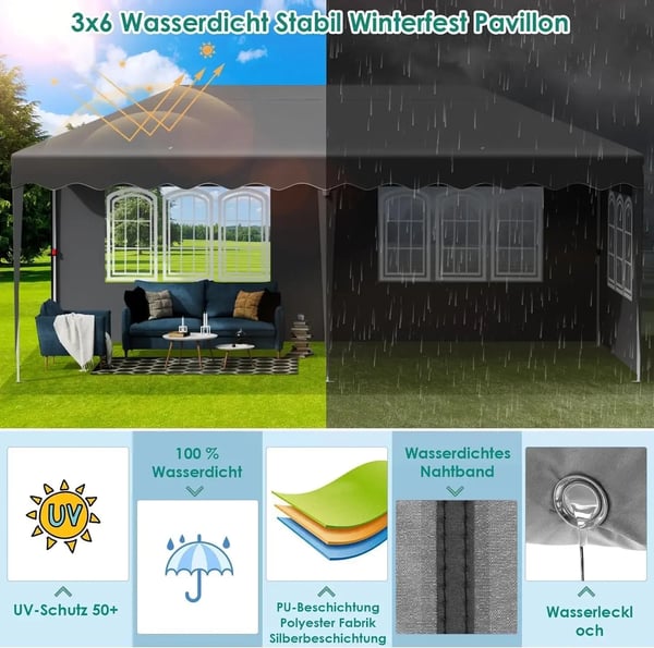 Puutarhapaviljonki - Pop-up 3x6 m - Juhlateltta - One-Push Nopea Pystytys - Vedenpitävä PU-HDPE - Alumiinirunko - Neljä Sivuseinää - Tummanharmaa