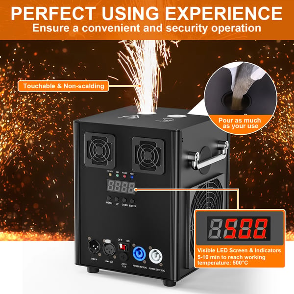 Kold gnistmaskine - DMX sceneeffekt - 700W - 110–220V - Selvstændig - UL-certificeret - Til scene & DJ - Sort