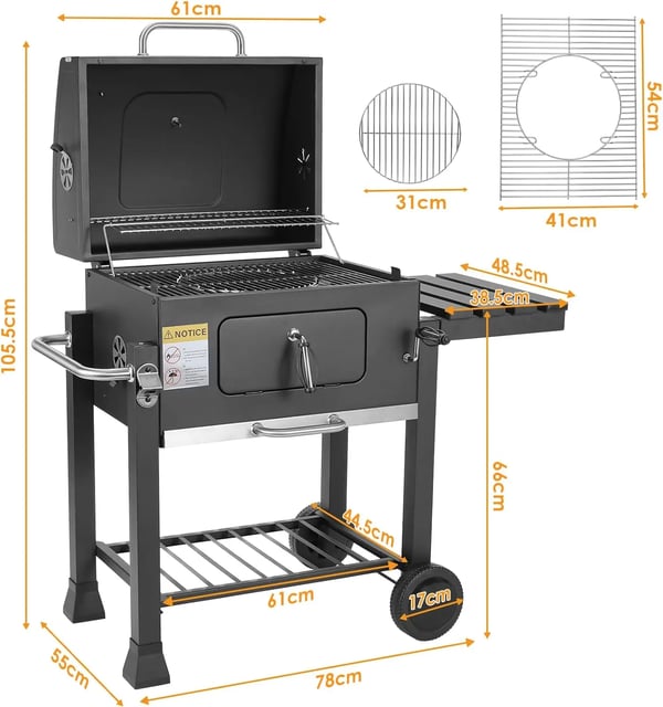 BBQ Hiiligrilli - Grill Trolley Charcoal XXL - 116 x 55,7 x 100 cm - Jauhemaalattu Teräs - CE-hyväksytty - Pyörillä - 5–10 Hengelle