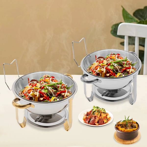 Chafing dish setti, pyöreä 5 l ruostumatonta terästä, kannella, buffet/catering, hopea, 1-taso