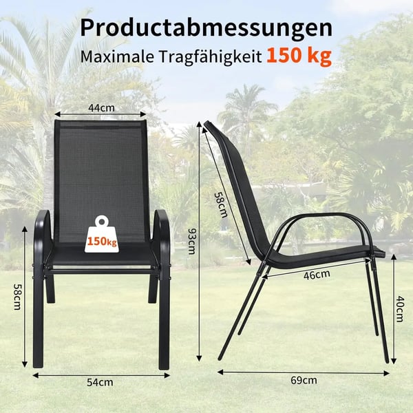 4x Havestole - Udendørs armlænsstole - Stålramme & Teslin-net - Høj ryg 52 cm - UV- og varmeresistent, åndbar - Skridsikre fødder - Sort