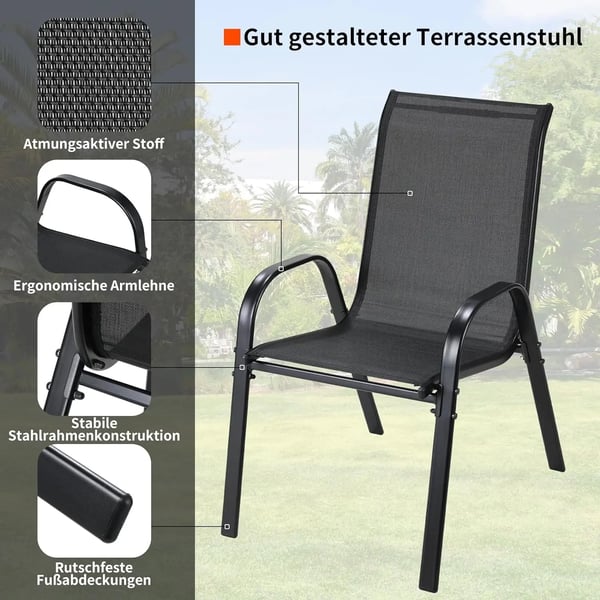 4x Havestole - Udendørs armlænsstole - Stålramme & Teslin-net - Høj ryg 52 cm - UV- og varmeresistent, åndbar - Skridsikre fødder - Sort