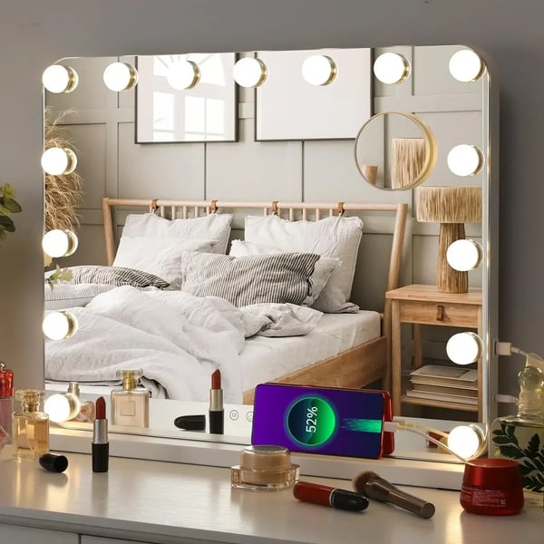 Hollywood‑meikkipeili valoilla, 15 himmennettävää LEDiä, 3 valotilaa, säädettävä kirkkaus, USB‑C‑latausportti, 58×46 cm, sininen