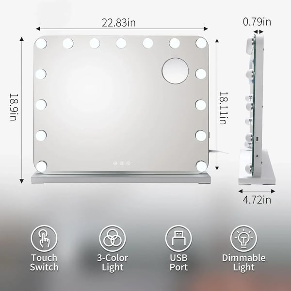 Hollywood-meikkipeili valoilla, valkoinen, 15 himmennettävää LEDiä, 3 värilämpötilaa, säädettävä kirkkaus, USB-latausportti, 58×46 cm