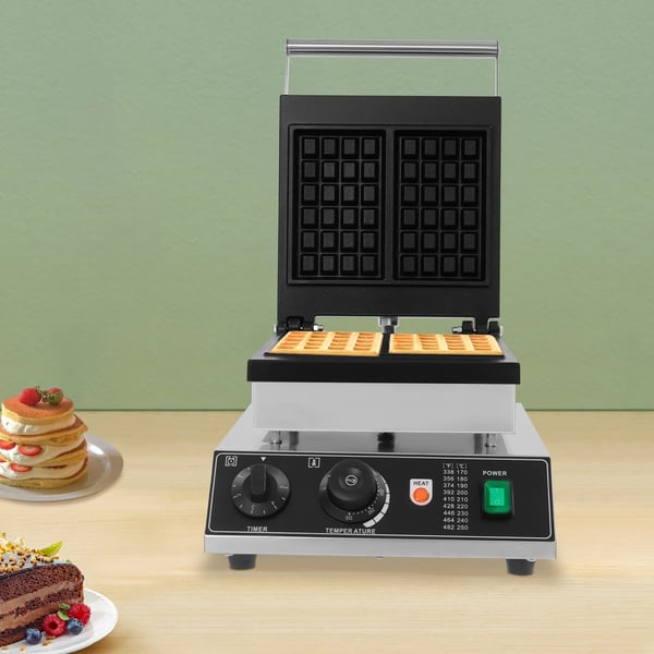 Elektrisk vaffeljern - Professionel - Dobbelt, rektangulær - 2000 W - Temperatur 50–300 °C - Timer 0–5 min - Støbt aluminium & rustfrit stål