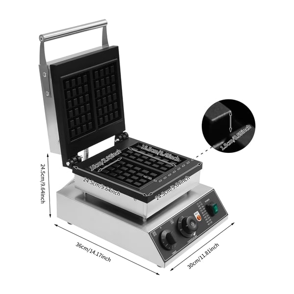 Elektrisk vaffeljern - Professionel - Dobbelt, rektangulær - 2000 W - Temperatur 50–300 °C - Timer 0–5 min - Støbt aluminium & rustfrit stål