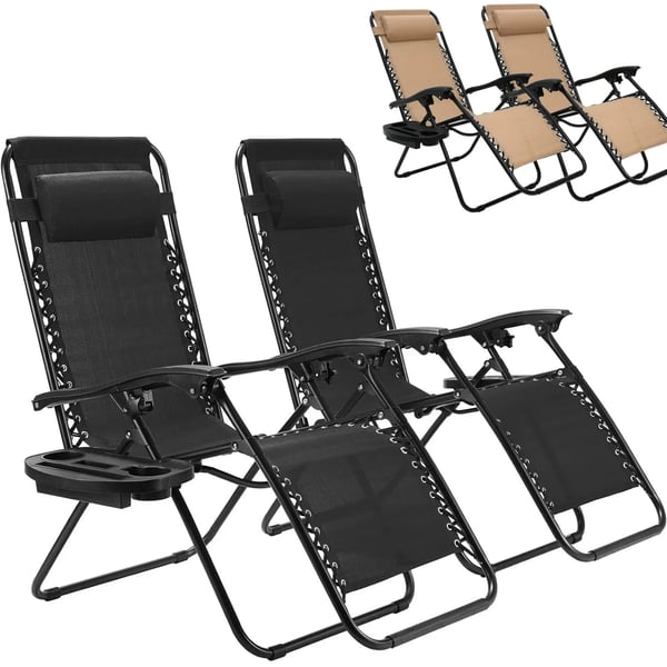 Sammenklappelig liggestol - 2 stk. strandstol/campingstol - Med armlæn - Stof - 110x65x90 cm - Til udendørs brug - Sort