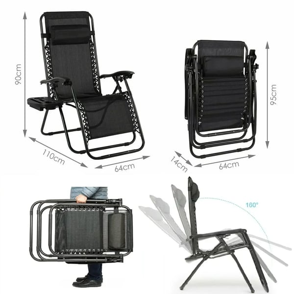 Sammenklappelig liggestol - 2 stk. strandstol/campingstol - Med armlæn - Stof - 110x65x90 cm - Til udendørs brug - Sort