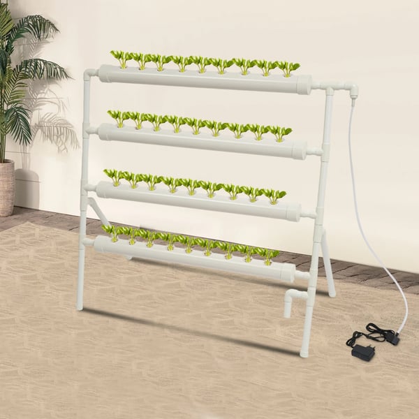 Hydroponisk dyrkningssystem - 36-huls stativ - 4 niveauer - 95×45×100 cm - PVC-U - EU-stik 220 V 50 Hz - Uden beholder - Hvid